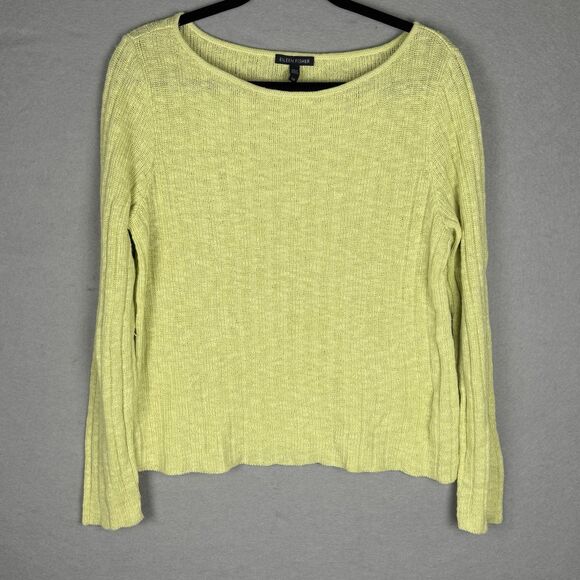 Eileen Fisher L Linen Cotton Sweater Chartreuse Lightweight - Picture 1 of 6
